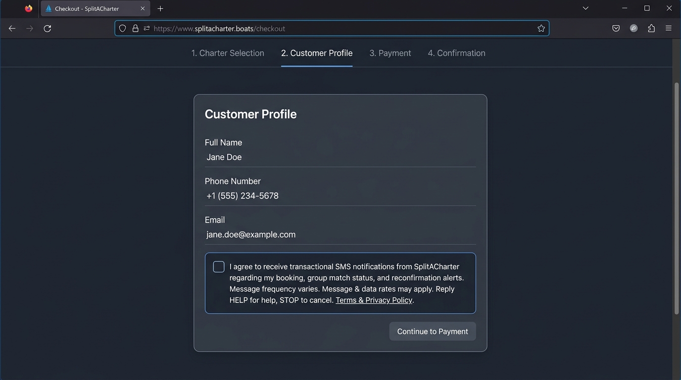 SplitACharter Uncropped SMS Opt-In Form Screenshot